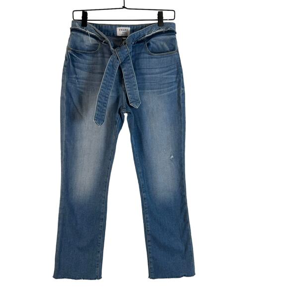 Frame Le High Straight Tie Waist Jeans Raw Hem High Rise Ankle Med Wash 28 - Picture 1 of 9